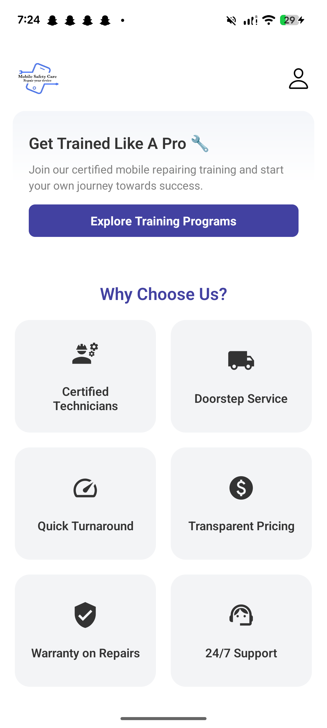 Mobile Safety Care App - Why Choose Us Screen